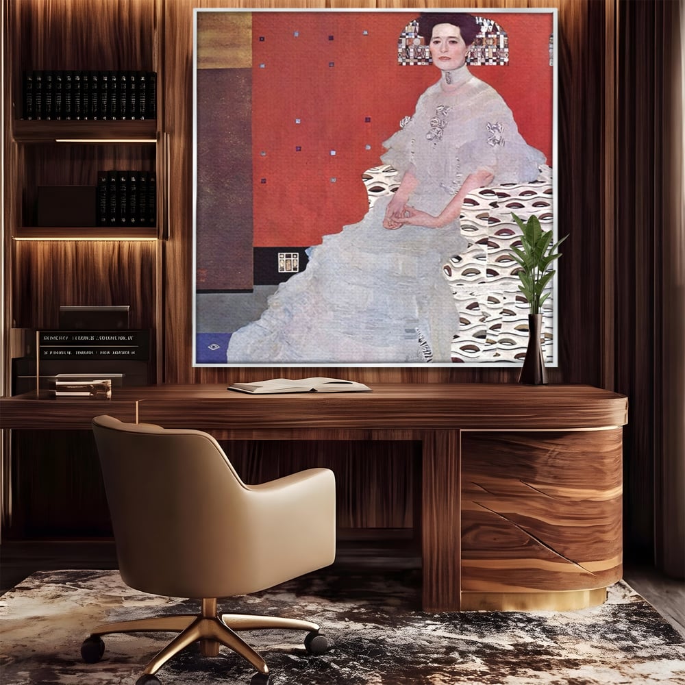 Tablou canvas cu reproducere pictura fritza riedler de klimt, in rama de aluminiu argintiu, pe perete intr-un birou